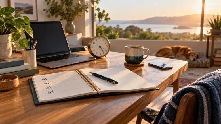 Benefits of time management shown by an organized planner and calm workspace