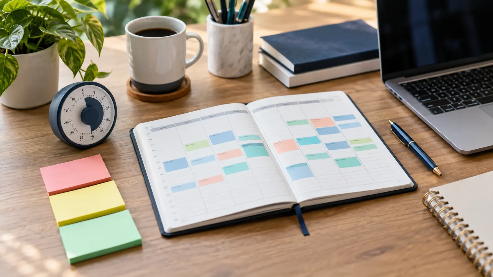 Time management skills illustrated with a weekly planner, timer and priority notes